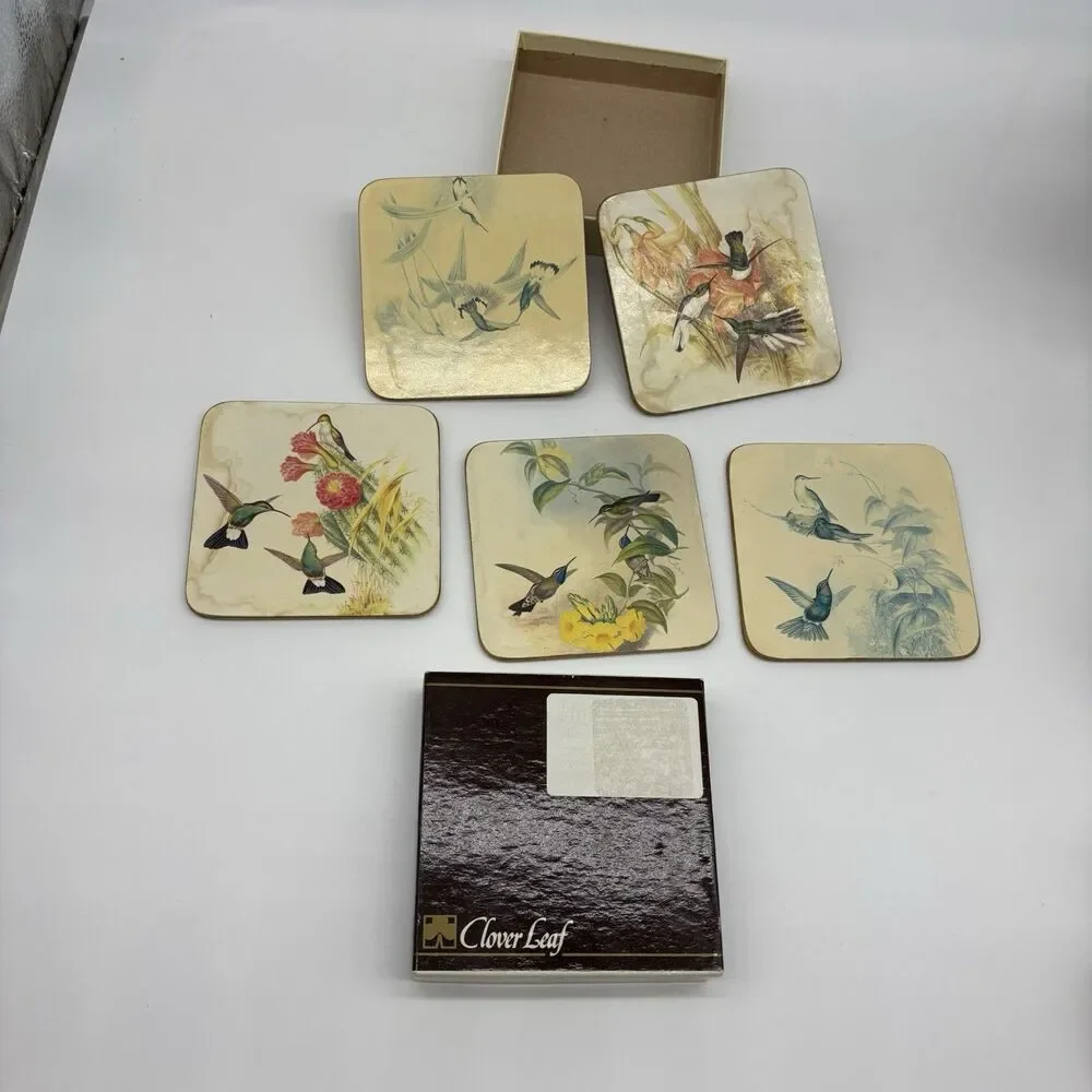 Clover Leaf Vintage Bird Pictorial Wood Square Coaster Set, 5pc Heat Resistant